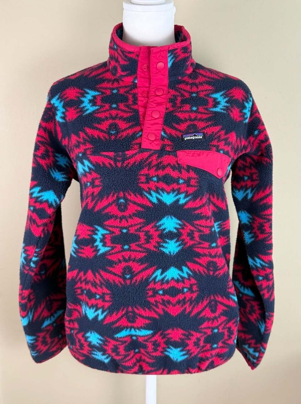 Patagonia Synchilla Snap-T Pullover Girls XL 14 Women XS Pink Blue Aztec Fleece